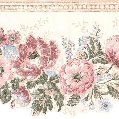 CONCORD WALLCOVERINGS ™ Wallpaper Border Floral Pattern Flowers Leaves, Die Cut Edge for Living Room Bedroom Dining Area, Cream Pink Blue Green, 15 Feet by 9 Inches CI1355B