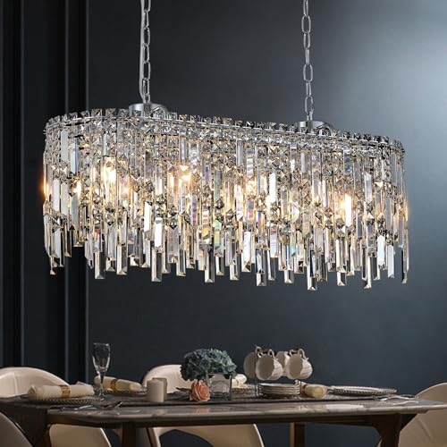 A AXILIXI Rectangular Crystal Chandelier for Dining Room Modern Chrome Chandelier Linear Rectangle...