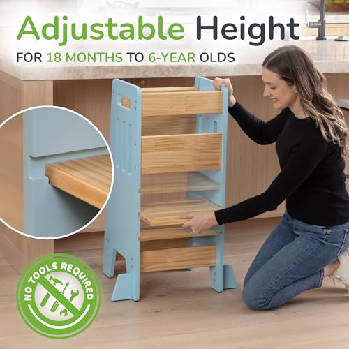 Toddler Tower with a Sliding Door and 3 Adjustable Heights - Complete Toddler Kitchen Stool Helper with Support Feet - Safe Design for 18+ Months to 6-Year-Old Kids - Blue