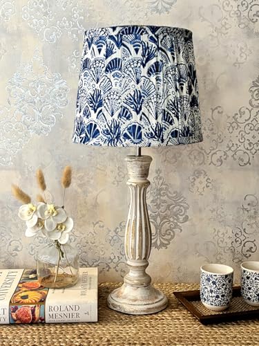 Image of Green Girgit Athens Wooden Lamp in Distress White Color with Pleeted Multiolor Blue Feathers Shade, Vintage Style Table Lamp with Tropical Print Shade, Decorative Bedroom Lighting (LED Bulb Included)