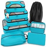 Shacke Premium 8 Packing Cubes Set - Lightweight Mesh Travel Luggage Organizers with Laundry Bag, 8-Piece Suitcase Storage System (Aqua Teal)