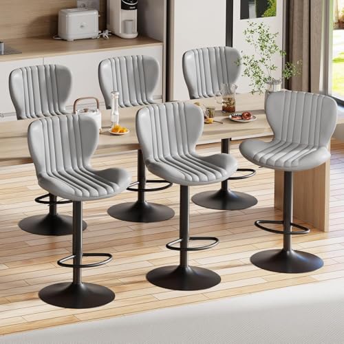 Image of Shintenchi Bar Stools Set of 6 Modern Swivel Bar Chairs, Counter Height Faux Leather Metal Barstools, Upholstered Island Chairs with Back and Footrest, Gray