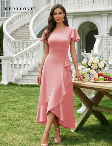 Image of BeryLove Women Formal Party Dress Flutter Short Sleeve Wedding Cocktail Long Evening Dress