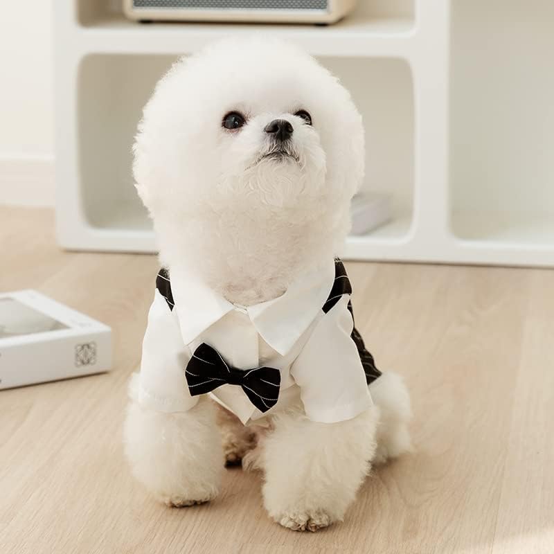 Miniatura 5 de Camisa para perro, ropa para cachorro, traje elegante con corbatín, traje de boda para mascotas, esmoquin formal con pajarita negra, disfraz de