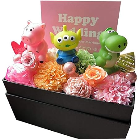 Amazon 結婚祝いプレゼント 友人 友達 トイストーリーキャラクター3個入り 花束風 フラワーギフト 箱を開けてサプライズ プリザーブドフラワー入り 横長ボックス プリザーブドフラワー オンライン通販