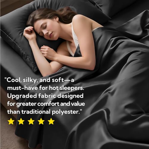 MR&HM King Size Sheets Set, 4-Piece Cooling Sheets, Rayon Derived from Bamboo & Polyester Blend, Soft & Silky, 15" Deep Pockets with Elastic Straps, Hotel Luxury for Hot Sleepers, Black