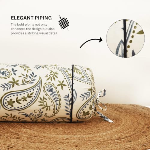 Image of AURAVE Cotton Printed Paisley Bolster Cover with Drawstring Closure, Set of 2, Soft Breathable Durable Machine Washable for Sofa Bed & Home Decor, 15 inchx30 inch, Blue | Cover Only