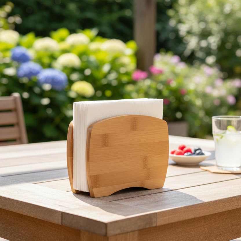Deconox Bambu Peçetelik – Doğal Ahşap Modern Peçete Tutucu | Masaüstü Dik Servis Peçeteliği | Çevre Dostu Mutfak ve Yemek Odası Aksesuarı (15x12x5.3 cm)