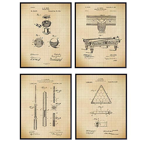 Billiards Patent Artwork Prints – Classic Retro Wall Artwork Poster Set – Stylish Trendy House Decor for Recreation Room, Man Cave, Bar, Den, Workplace – Nice Present for Males, Pool Gamers – Set of 4-8×10 Picture – Unframed