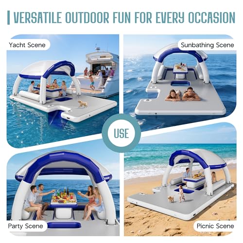 Image of SPECRAFT Inflatable Floating Dock, 16.4x10x7.2 FT Water & Land Inflatable Platform with Canopy, Built-in Table, Water-Level Seating, Large Floating Deck and Ladder for Lakes, Pools & Beach