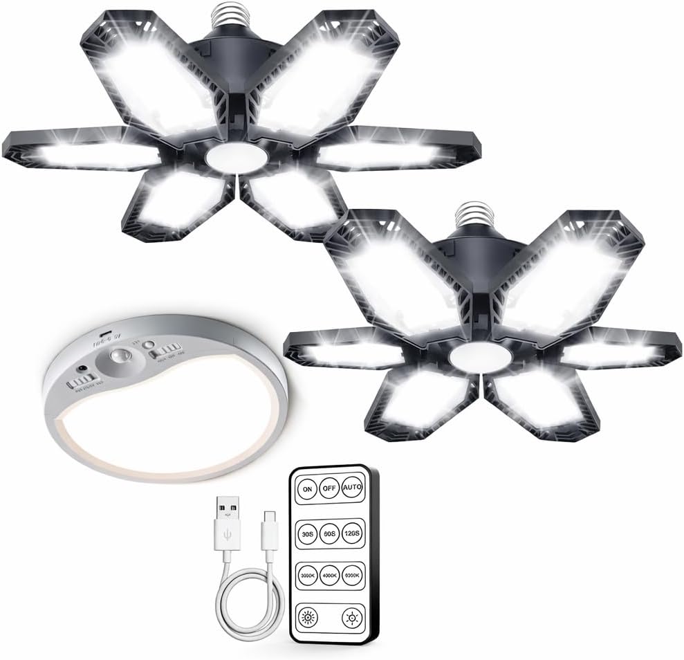 TANBABY 2 Pack LED Garage Lights, 8000mAh Motion Sensor Ceiling Light Indoor with Remote
