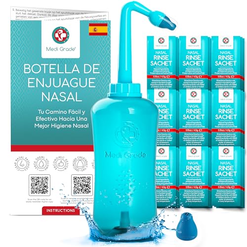 Medi Grade Botella de Lavado Nasal, 500 ml – Set Irrigador Nasal con Aplique de Lavado Nasal, 30x Sobres de Sal, 2x Puntas de Irrigación y 1x Bolsa – Disfruta de un Lavado Nasal en Casa y de Viaje