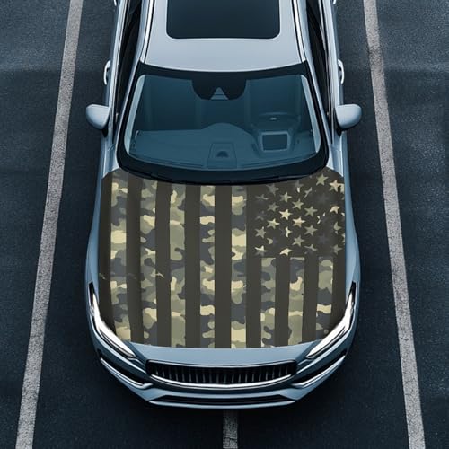 Image of Camo American Flag Car Hood Covers for Automobiles, Elastic Fabric for Car Hood Decoration and Protection, Can be Washed Camouflage Hunting Flag Auto Accessories