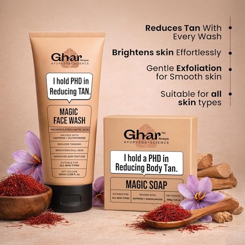 Image of Ghar Soaps Magic De-Tan Face Wash & Sandalwood Saffron Bath Soap | With Sandalwood, Saffron & Glutathione | Reduce Tan, Brightening & Glowing Skin | Handmade & Paraben-Free | For Men & Women