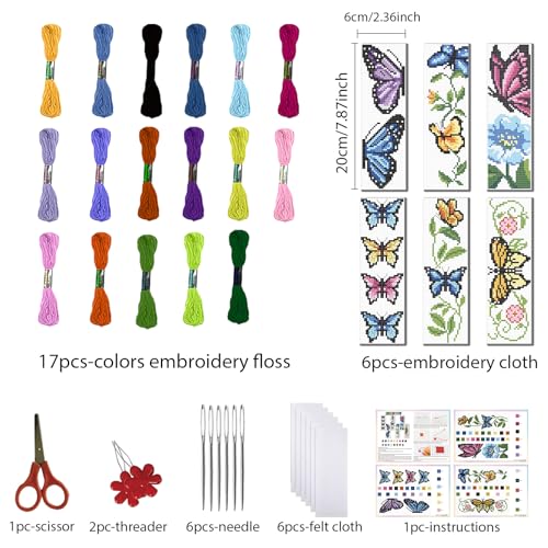 Image of FREEBLOSS 6 Set Butterfly Cross Stitch Bookmark Kit Stamped Cross Stitch Kit Stamped Embroidery Bookmark with Instruction Cross Stitch Kits for Adults DIY Bookmark Kit 8.66''x3.14''