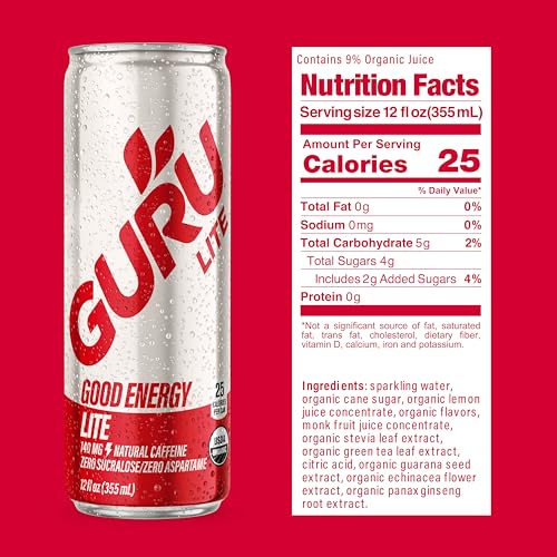 Image of GURU Energy Drink Lite, Organic Sparkling Energy Drink with Real Fruit Juice, 140 MG Natural Caffeine for Workouts, Performance & Midday Boost, Plant Based, Gluten Free, 12 Fl Oz, 24 Pack