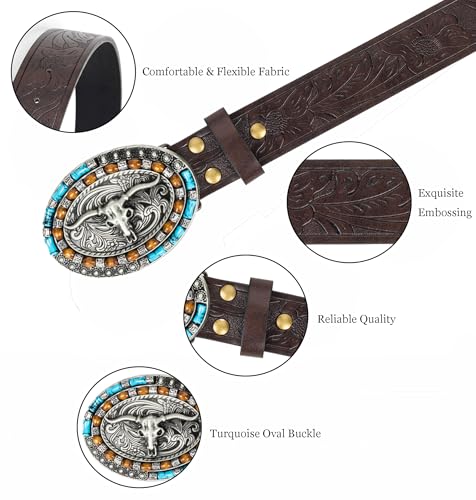 Image of Western-Cowboy-Leather-Belts for Women Turquoise-Oval-Buckle Embossed Belt