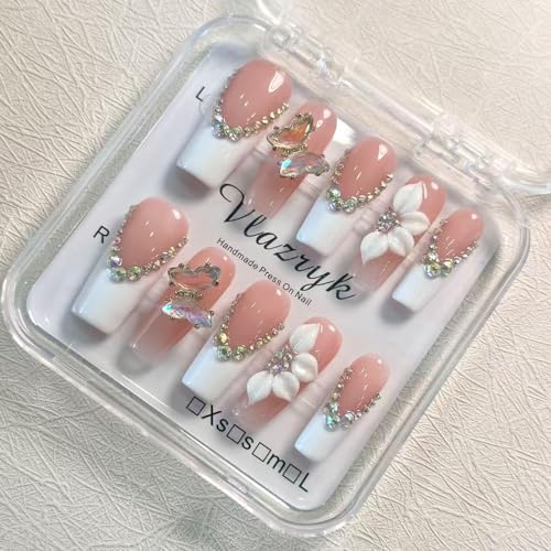 Luxury Handmade Press on Nails - Long Square White French Tips Press on Nail with Almond 3D Rhinestones Flowers & Butterflies Acrylic Multi-Layer Gel False Nails for Women (10Pcs Size M)