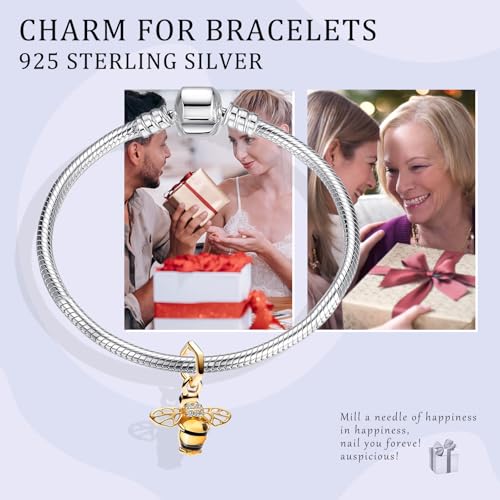 Simphman 925 Sterling Silber Charm Anhänger für Europäischen Armbänder und Halsketten Golden Sparkling Bee Dangle Charm Armband Charm Geburtstag Schmuck Geschenk für Damen Frauen