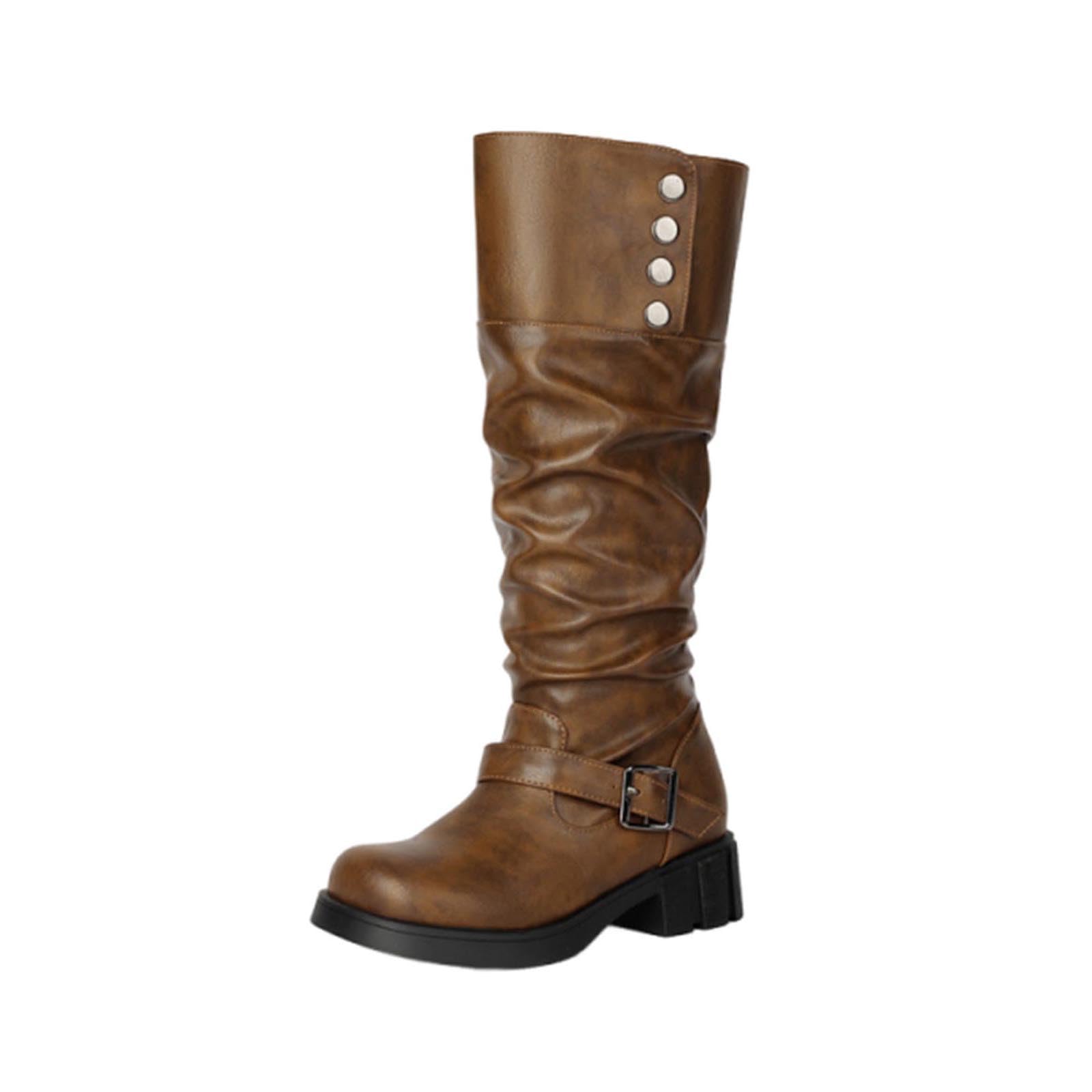 Womens Knee-Length Stacked Boots with Round Toe and Thick Heel for Winter Casual Wear