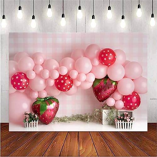Pink Balloons Strawberry Photography Background Girls Birthday Party Decoration Sweet First Birthday Party Supplies Baby Shower Party Cake Smash Banner (7X5FT)