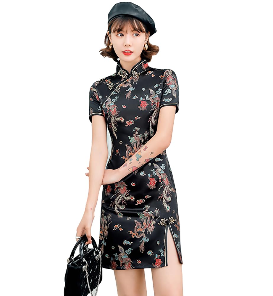 Abito da donna Cheongsam aderente collo alla coreana manica corta slim fit spacco laterale stampa floreale drago mini Qipao