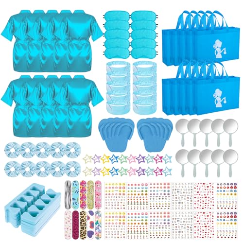 Hoemwarm Kit da 122 pezzi blu per feste spa per ragazze, confezione da 10 bomboniere per pigiama con accappatoi in raso, borse e accessori per saloni di bellezza per bambini, spa, compleanni