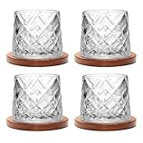 Uten Drehbare Wassergläser, 4 pcs Whisky Gläser 275 ml/ 10 oz, Bambus Untersetzer, als Cocktailbecher, Kaffeetasse, zum Entspannen, Geschenk, Stehaufmännchen Gläser