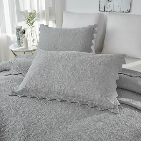 Brandream Quilted Pillow Shams Set of 2 Standard Size Cotton Grey Cover