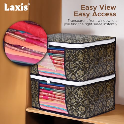 Image of LAXIS Foldable Royal Print Saree Cover Set, Saree Bags, Saree Covers For Storage, Wardrobe Organiser | (Golden-Black, Pack of 3)