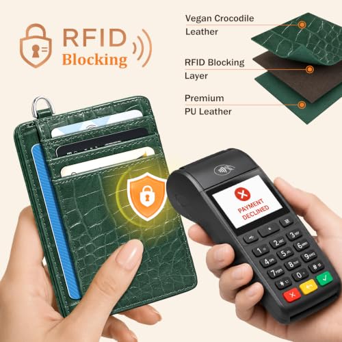 Image of Coco Rossi Crocodile Wallet Women Slim Credit Card Holder with Keychain | Luxury Wallets, Alligator Print, RFID Blocking, ID Case, Small Minimalist, Womens Girls Gift, Forest Green Croc