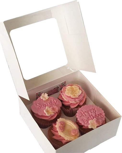 25 Pack 4 Holes White Cupcake Boxes  Pre-Assembled Cupcakes Carrier With Transparent Window, Cupcake Holder Box, Food Grading Container for Muffins