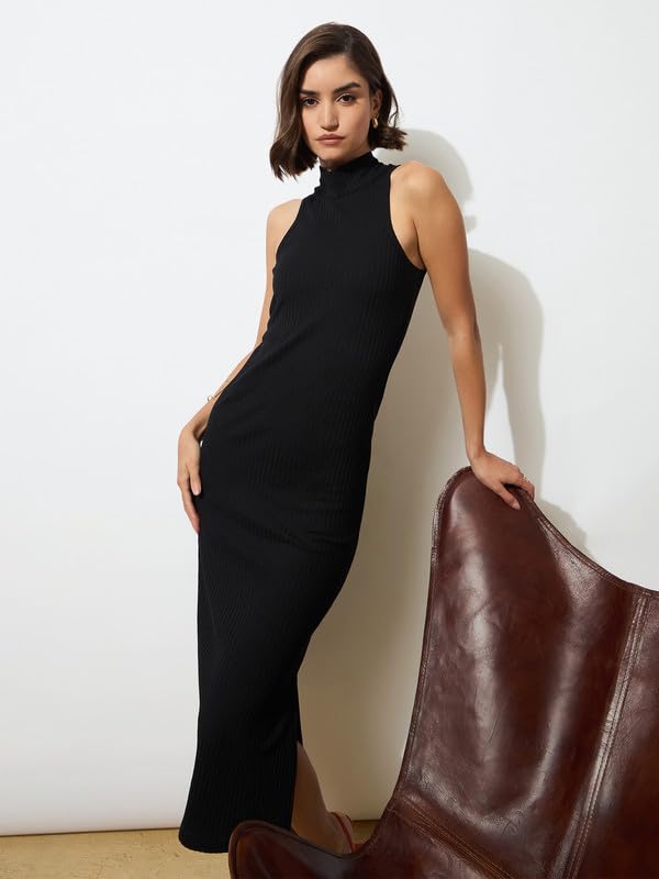 Image of barcino Black Rib Sleeveless Turtle Neck Midi Dress