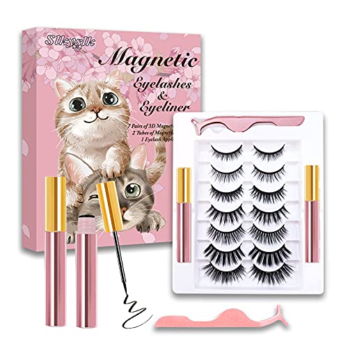 Slkyslk Magnetic Lashes with Eyeliner Kit,7 Pairs Updated 3D Magnetic Eyelashes and Eye Liner Set with Applicator for Lo