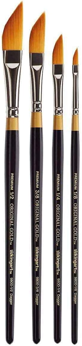 KINGART Premium 4 pc. Original Gold 9800 Series Dagger Striper Artist Brush Set, Synthetic Golden TaklonHair for Acrylic, Oil, Gouache Paint, Short Handle, 4 Sizes: 1/8", 1/4", 3/8", 1/2"
