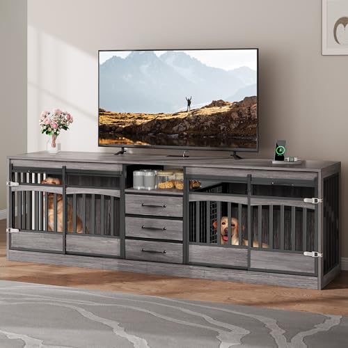 Homiflex 86.61 Large Double Dog Crate Furniture with 3 Storage Drawers Farmhouse Dog Kennel TV Stand Indoor for 2 Large Medium Dogs Decorative Dog Cage with Sliding Barn Door & Power Outlets Grey