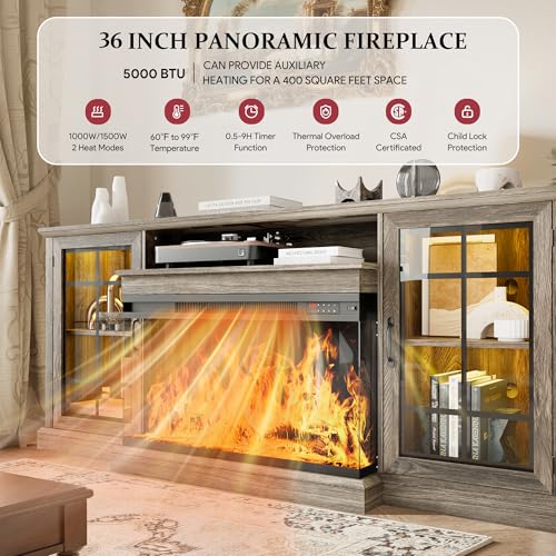 Image of MXV 70'' Fireplace TV Stand, Farmhouse Entertainment Center with 3 Sided Glass TV Stand, Modern Media Console Table with Storage Drawers & Cabinets with LED Flame and Lights for Living Room, Gray