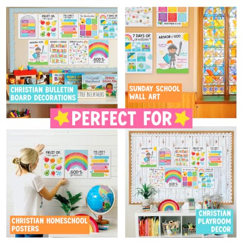 Image of Hadley Designs Sunday School Decorations for Classroom -9 Bible Posters for Kids, Books of the Bible, 10 Commandments, Bible Timeline Chart, Fruits of the Spirit, Rainbow Christian Classroom Decor
