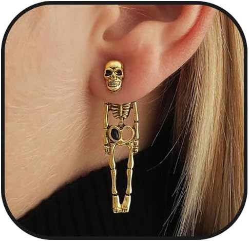 Halloween Skeleton Earrings for Women Gothic Skull Drop Dangle Earrings Gold Silver Retro Pirate Skull Ghost Earrings Halloween Cosplay Party Jewelry Accessories