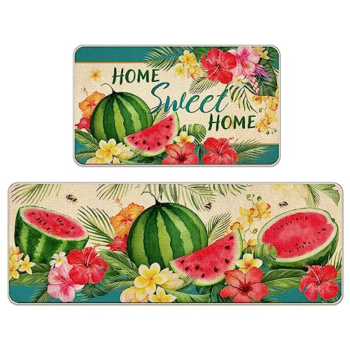 Tailus Summer Watermelon Tropical Decorative Kitchen Rugs Set Of 2, Hibiscus Frangipani Flower Kitchen Mat Hawaii Palm Leaf Floor Mat, Sweet Home Kitchen Decorations 17X29 And 17X47 Inch #TOP7
