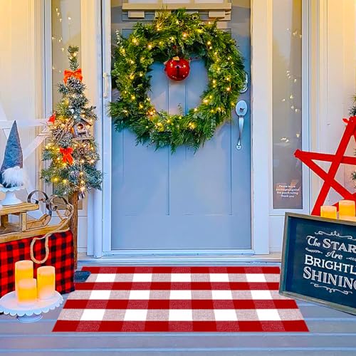Ckorzen Red and White Plaid Rug, 28" x 43" Christmas Outdoor Front Door Decor Mat, Cotton Hand-Woven Washable Rug for Layered Door Mats Carpet for Porch, Entryway