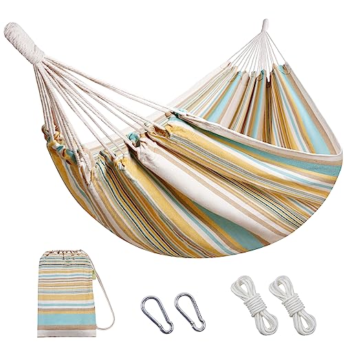 Image of Brazilian Hammock with Tree Straps - Cotton Hammocks Portable Hammock with Carry Bag for Backyard, Porch, Outdoor and Indoor Use Yellow & Green