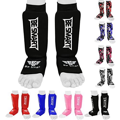 Protège-tibias Enfant Be Smart pour MMA, boxe, Muay Thai, kick-boxing - Protection du tibia et du cou-de-pied, Noir , XXS (9 TO 13 Years)