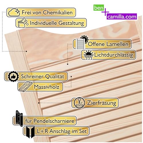 ben+camilla.com Saloontüren Komplett-Set (L/R-Paar+Pendel-Scharniere) | 100 x 80 cm Natur | Hochwertige Massivholz Schwingtüren unbehandelt