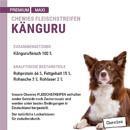 Chewies Fleischstreifen MAXI Hundeleckerli aus 100 % Kängurufleisch - 150 g - luftgetrocknete Känguru Kaustreifen für Hunde - zuckerfrei & getreidefrei - Dörrfleisch vom Känguru
