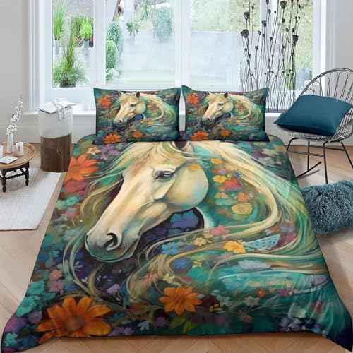 Housse de couette fleurs et chevaux avec taies microfibre 220x240