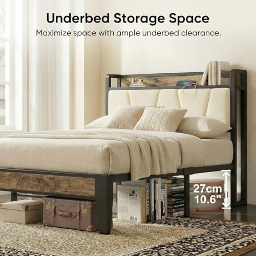 Image of LIKIMIO Twin Bed Frames with Storage Headboard & Charging Station | Upholstered Headboard, Storage Shelf, Solid and Stable, Noise Free, No Box Spring Needed, Easy Assembly (Walnut and Beige)
