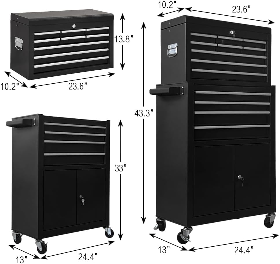 13-Drawer Tool Chest with Double Door and Wheels, 2 in 1 Detachable Rolling Toolbox with Drawers,Large Tool Box with Lock,Mobile Steel Tool Cabinet Storage (Black)