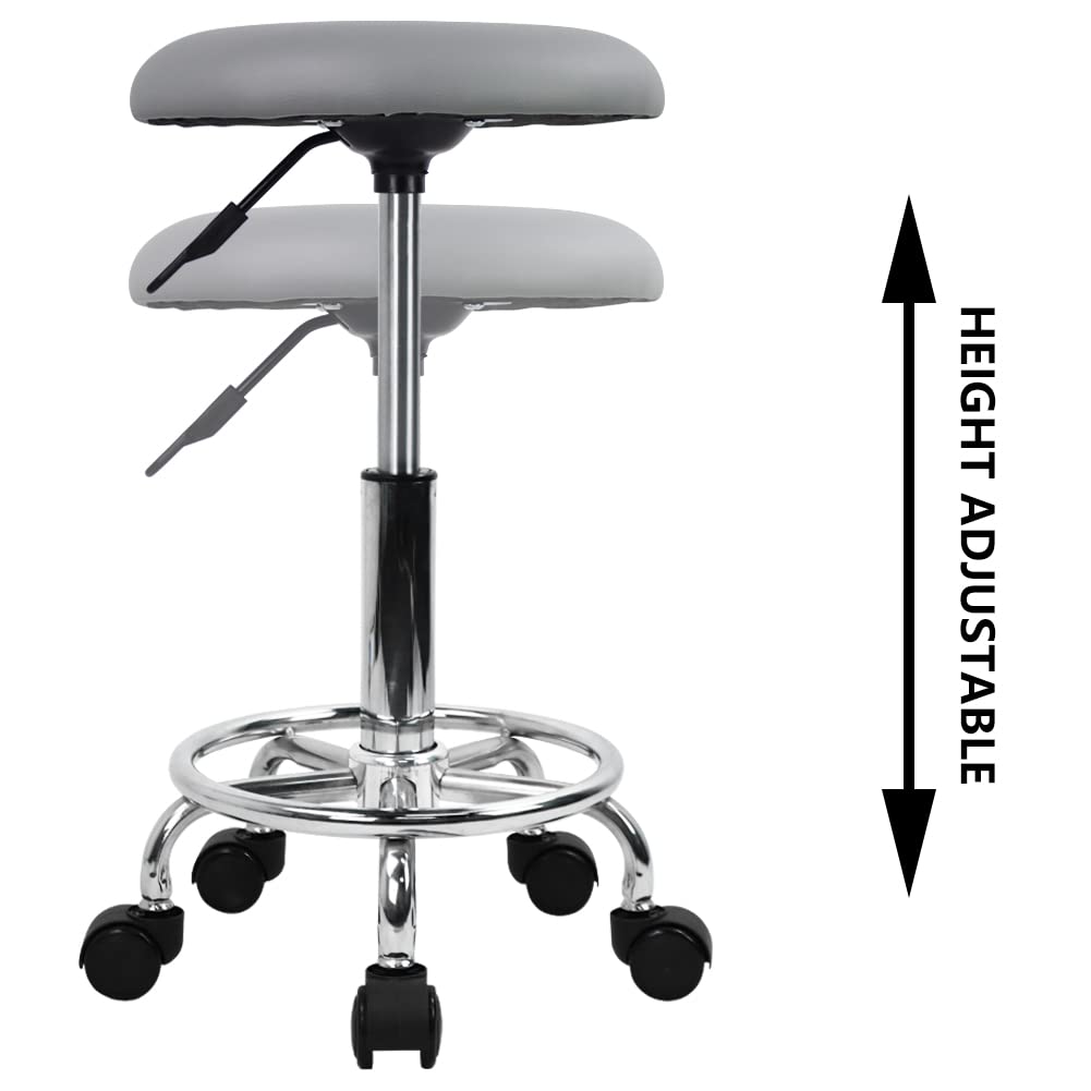 KKTONER Taburete con Ruedas y reposapiés de Piel sintética Taburete de Trabajo Redondo Giratorio 360° Taburete de Oficina con Altura Ajustable 49-64cm Gris