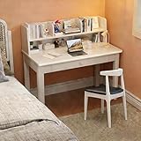 FUKEFUZ Juego de Escritorio y Silla de Madera Maciza con Estantería, Mesa de Estudio con Silla Tapizada a Juego, Muebles de Dormitorio con Cajones para Adolescentes(Blanco,35.4in)